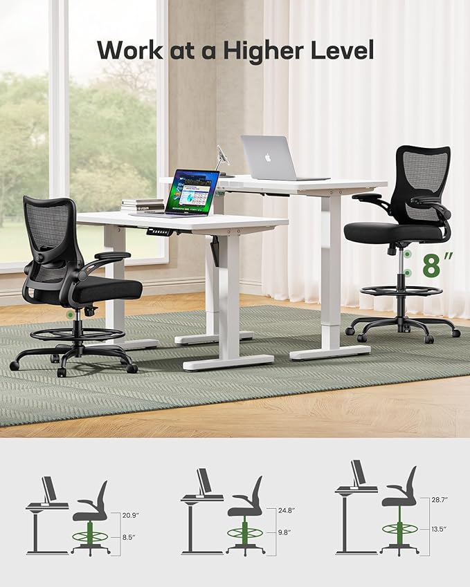 Marsail Drafting Chair, Tall Office Chair with 2D Lumbar Support, Standing Desk Chair,High Office Chair with Padded Flip-Up Armrests & Adjustable Footrest Ring, Dark