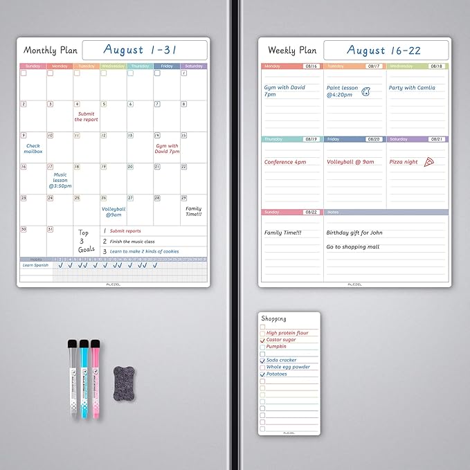 Magnetic Fridge Calendar Whiteboard, Dry Erase Refrigerator Calendar Set (3 Boards) - Magnetic Weekly Calendar for Fridge, Dry Erase Calendar, Grocery List White Board, 3 Markers + Eraser