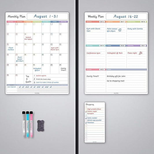 Magnetic Fridge Calendar Whiteboard, Dry Erase Refrigerator Calendar Set (3 Boards) - Magnetic Weekly Calendar for Fridge, Dry Erase Calendar, Grocery List White Board, 3 Markers + Eraser