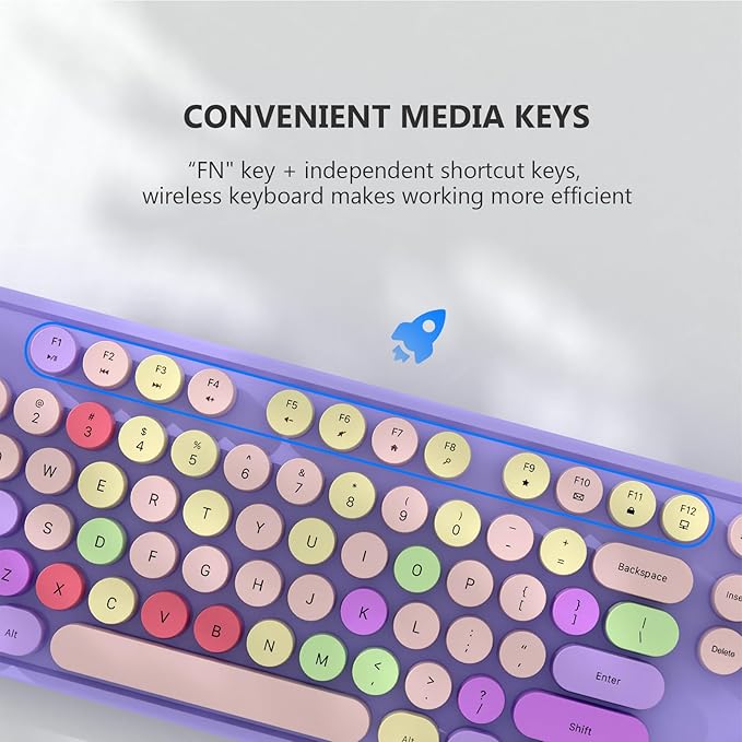 Wireless Keyboard and Mouse Combo, MOFII Full-Size Retro Round Keyboard and Mouse, 2.4 GHz Wireless, Plug and Play, 8 Multimedia & Shortcut Keysfor Mac, Windows, Laptop/Desktop/PC (Purple)