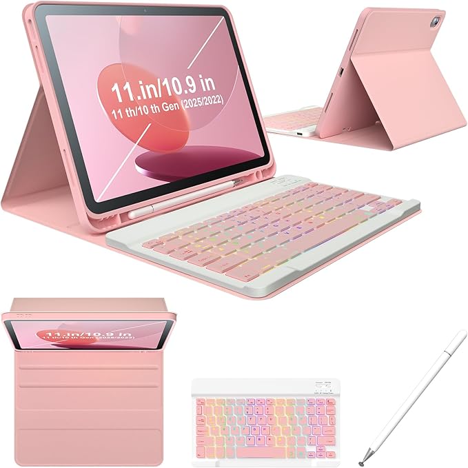 iPad 11th 10th Generation Case with Keyboard 10.9 Inch 2022 Detachable Wireless 7Colors Backlight Keyboard Case with Pencil Holder for and Magnetic Disc Universal Stylus Pen New iPad 10th Gen Pink