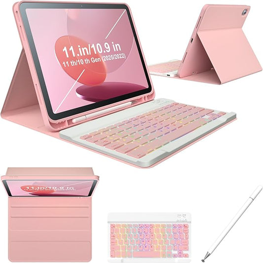 iPad 11th 10th Generation Case with Keyboard 10.9 Inch 2022 Detachable Wireless 7Colors Backlight Keyboard Case with Pencil Holder for and Magnetic Disc Universal Stylus Pen New iPad 10th Gen Pink