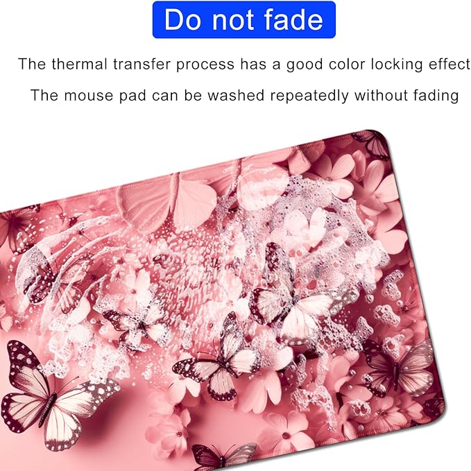 Pink Mouse Pad Desk Mat,Butterfly Large Mouse Pads Desk Pad,Long Mouse Pad Gaming Mousepad Mouse Mat with Stitched Edge - Non-Slip Rubber Base for Office Computer Keyboard Laptop