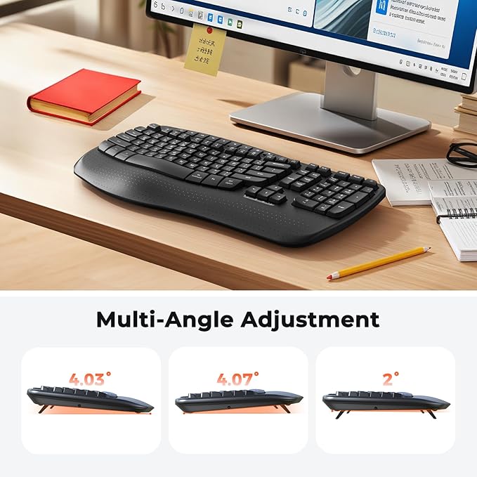 MEETION Wireless Ergonomic Keyboard, Wave Keys Wrist Rest for Natural Typing, 2.4G USB-A Cordless Receiver and USB-C Adapter, Ergo Computer Keyboard Compatible with Windows/Mac/PC/Laptop, Black