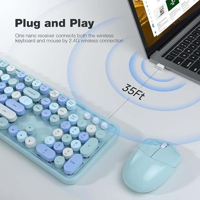 KNOWSQT Wireless Keyboard and Mouse Combo, Blue 104 Keys Full-Sized 2.4 GHz Round Keycap Colorful Keyboards, USB Receiver Plug and Play, for Windows, Mac, PC, Laptop, Desktop