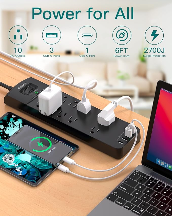 Power Strip - Addtam Surge Protector with 10 Outlets and 4 USB Ports, 6 Feet Extension Cord with Flat Plug, 2700 Joules, ETL Listed, Black