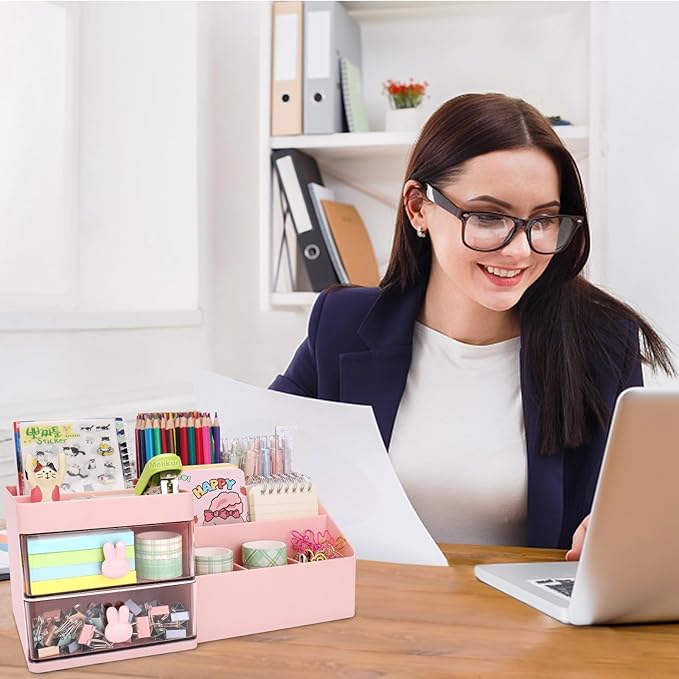 Desk Organizer, Makeup Organizer with 2 Drawers, 7 Compartment & a Top Tray, Desktop Organizers and Storage for Women, Cute Home organization Bathroom, 11" x 5.7" x 4.7" (Pink)