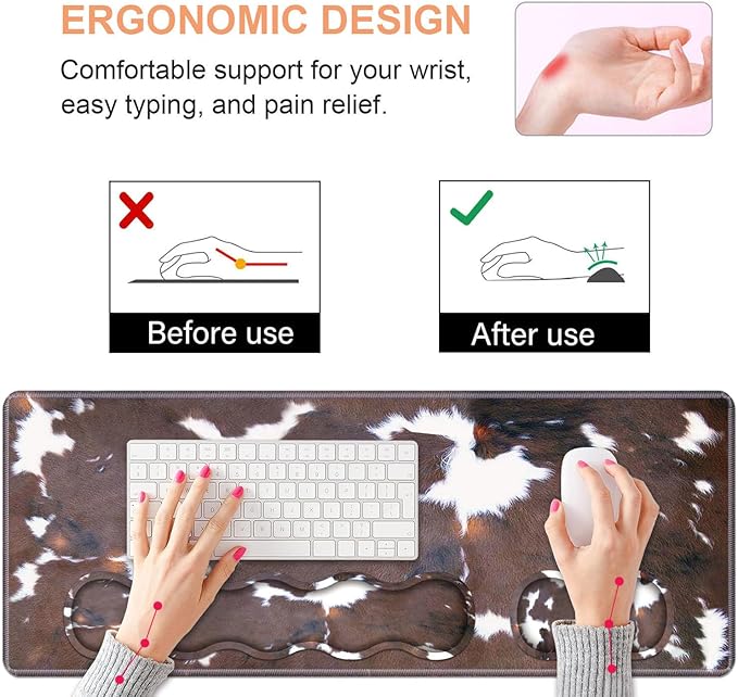 Ergonomic Keyboard Wrist Rest & Mouse Pad Wrist Rest Set, Large XXL Gaming Desk Mat 31.5"x 11.8" with Non-Slip Base, Memory Foam, Easy Typing Pain Relief for Home & Office, Brown Cow Print