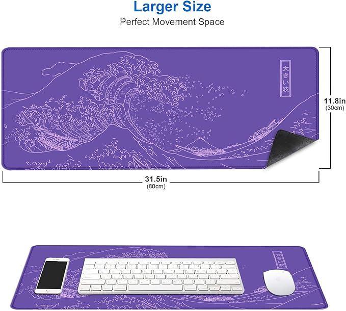 IMAYONDIA Great Wave Large Gaming Mouse Pad, Purple Minimalist Japanese Desk Mat, Gamer Aesthetic Extended Mousepad Cute, Non-Slip Rubber Base Lilac Desk Pad for Office- 31.5 X 11.8 Inch