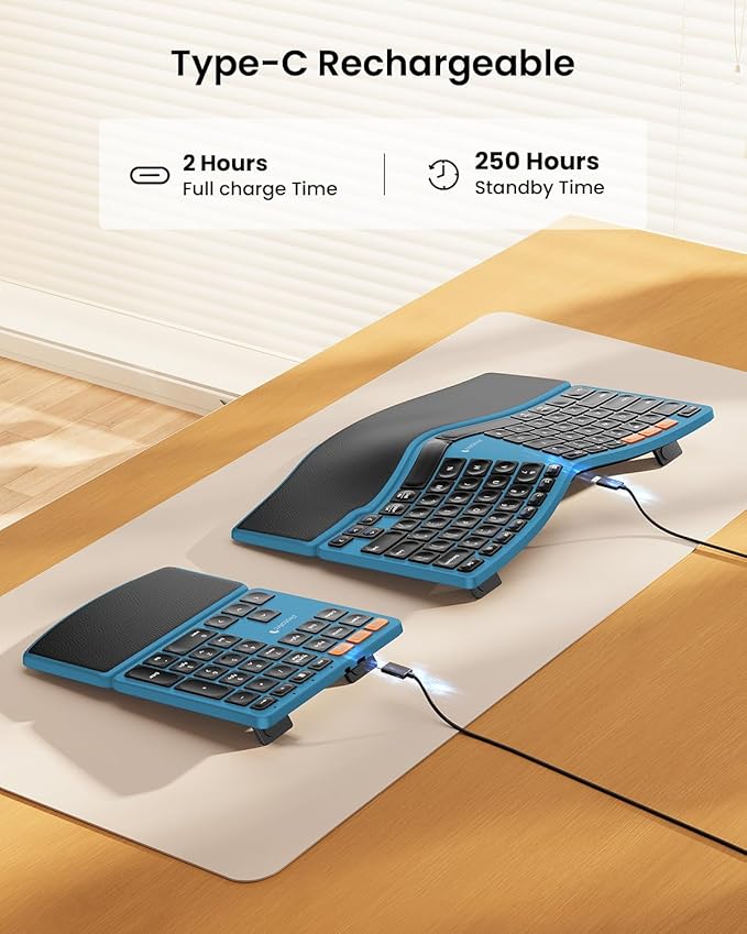 ProtoArc Bluetooth Ergonomic Keyboard, Wireless Split Keyboard with Separate Number Pad, Dual Bluetooth and USB, Hard Wrist Rest, Rechargeable for Windows/Mac/Android - Blue
