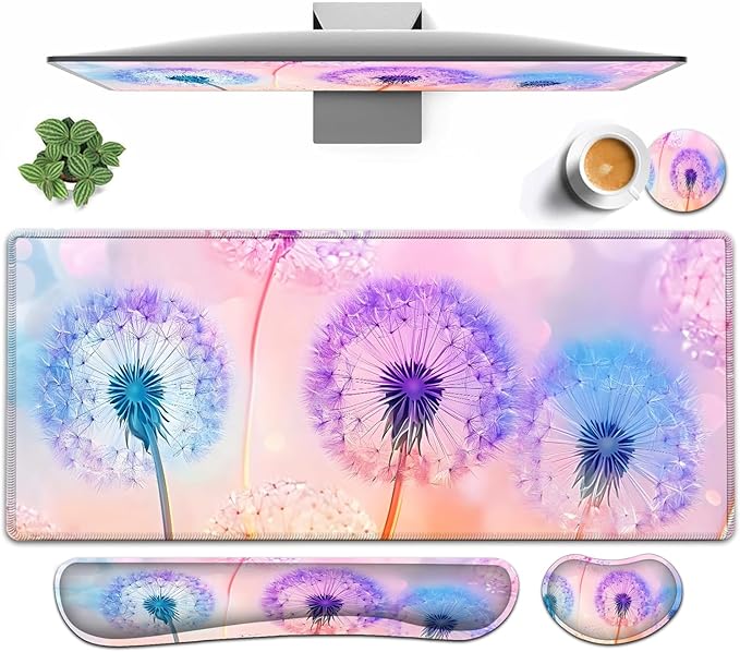 Large Mouse pad and Keyboard Support Set, Ergonomic Memory Foam Keyboard Wrist Rest, Extended Gaming Mouse Pad with Stitched Edges, Colored Dandelions XXL Desk Mat (31.5 X 11.8 in)