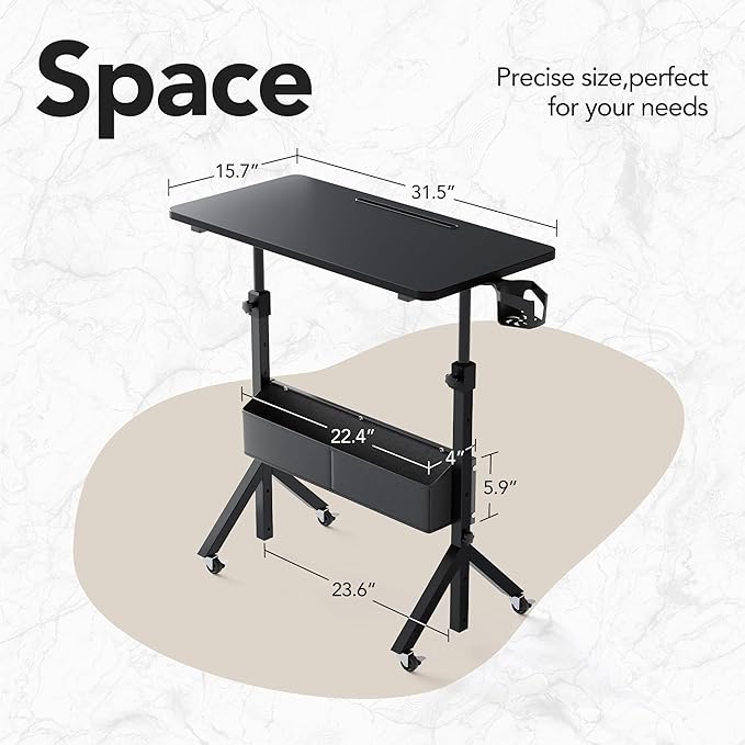 HUANUO Portable Standing Desk Adjustable Height, Mobile Stand Up Desk for Walking Pad and Treadmill, Rolling Computer Table with Wheels, 31.5"x15.75" Height 28.7"-46.1", Black