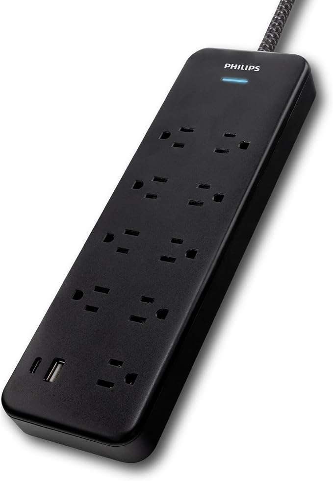 Philips 9-Outlet Surge Protector with USB Charging, 6ft Braided Extension Cord, 1USB-A, 1USB-C, 2400J, Adapter Spaced, Black - SPP3983B/37