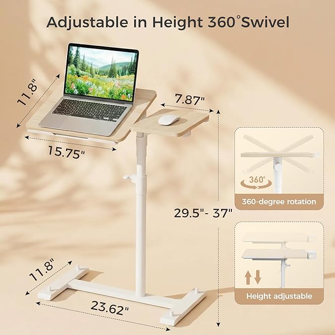Rolling Table for Laptop Stand, Height and Angle Adjustable Over Bed Table with Wheels, Tilt-Top Laptop Desk for Couch with Cup Holder, Bed Table Tray for Eating (Oak)