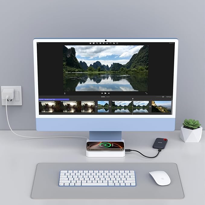 USB C Hub for iMac 24-inch 2021/2023/2024, 10Gbps USB-C*2 & USB-A, SD/TF Reader, 15W Wireless Charge, Accessory Adaptor for iMac M1 M3 M4