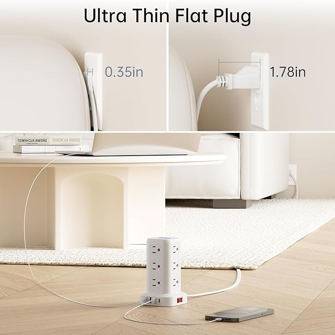 Extension Cord with Multiple Outlets, SMALLRT Flat Plug Surge Protector Power Strip Tower, Outlet Extender with USB 12 AC Outlets, 10FT Ultra Thin Extension Cord for Home Office, Overload Protection