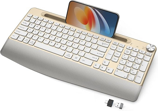 Ergonomic Wireless Keyboard with Wrist Rest-Low-Profile,Phone/Tablet Holder,Quiet Design，Windows & Mac OS，Full Size Cordless USB Computer Keyboard for Desktop,Laptop, PC, Mac, Windows-Gold