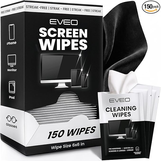 EVEO Screen Wipes (150 Pack) - Electronic Wipes, Computer Screen Cleaner Wipes for Electronics | Computer Screen Wipes Phone Wipes & Lens Wipes for PC, Laptop, Phone, Car & More - Microfiber Included