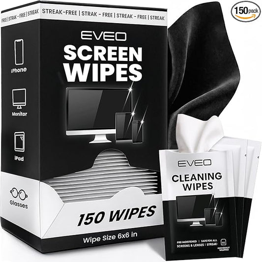 EVEO Screen Wipes (150 Pack) - Electronic Wipes, Computer Screen Cleaner Wipes for Electronics | Computer Screen Wipes Phone Wipes & Lens Wipes for PC, Laptop, Phone, Car & More - Microfiber Included