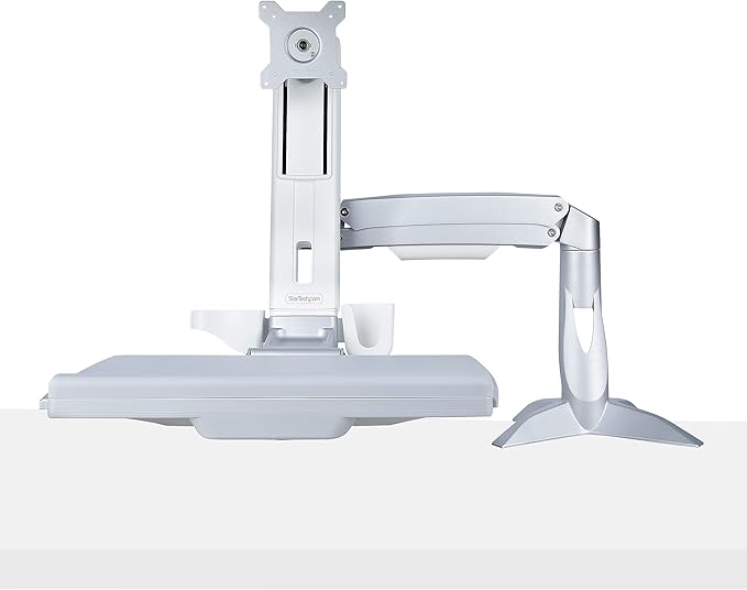 StarTech.com Sit-Stand Monitor Arm with Keyboard Tray - Adjustable Desk Mount Sit-Stand Workstation Arm for Single 27" VESA Display - Ergonomic Articulating Standing Desk Converter, TAA