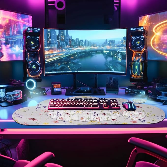 JIKIOU Large Cloud Mouse Pad Waterproof with Cloud Keyboard Wrist Pad and Cloud Mouse Wrist Pad Set, Ergonomic Computer Desk Wrist Support Mousepad for Keyboard and Mouse 35.4x15.7in White Flowers