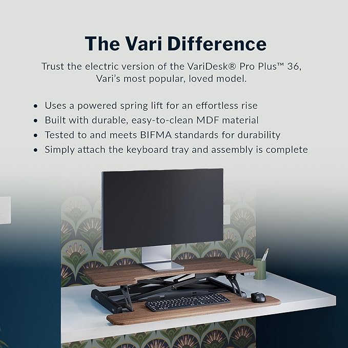 Vari VariDesk Pro Plus 36 - Electric Standing Desk Converter -11 Height Settings + Spring-Loader Lift, 2 Tier Design with Keyboard Tray or Laptop Stand – Fully Assembled (Walnut)