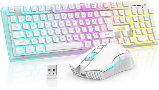 RedThunder K10 Wireless Gaming Keyboard and Mouse Combo, RGB Backlit Rechargeable 3800mAh Battery, Mechanical Feel Anti-ghosting Keyboard + 7D 3200DPI Mice for PC Gamer(White Pudding)