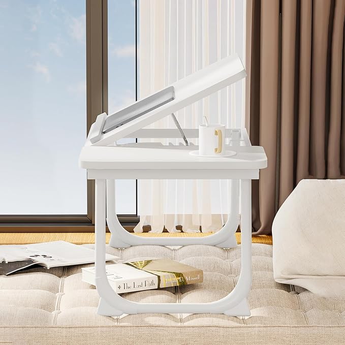 Laptop Desk for Bed, Adjustable Laptops Stand with 5 Adjustable Angles, Portable Lap Tray Table with Cup Holder, Laptop Bed Desk Tray for Eating Working Writing Reading (White)