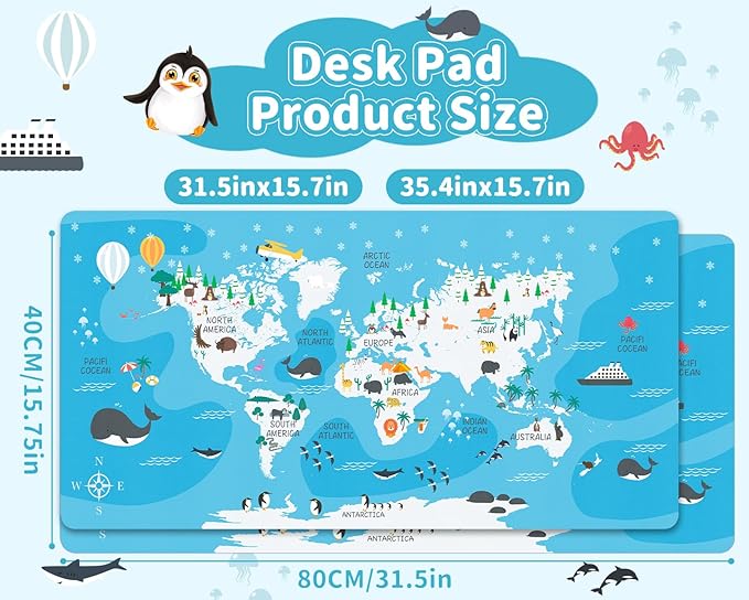 Kid's Desk Mat Cute Early Education Leather Desk Mat, Kawaii Blue Toddler World Map Waterproof Desk Writing Pad, Large Keyboard and Mouse Mat for Classroom/Kindergarten(35.4" X 15.7")