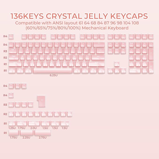 XVX Pink Jelly Keycaps for Mechanical Keyboard, Cute Crystal Keyboard Keycaps, Shine Through Keycap Set Compatible with 61/68/84/87/98/100 ANSI and ISO Layout MX Switches Mechanical Keyboard
