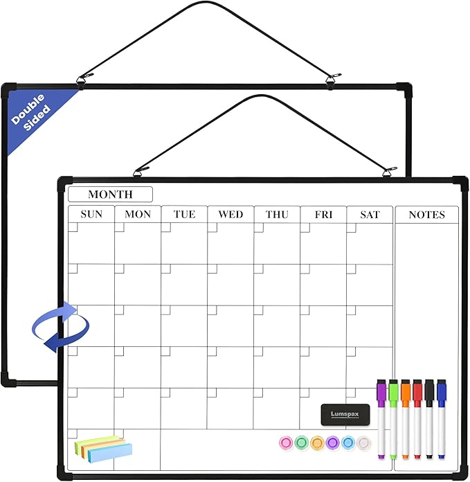 Monthly Whiteboard Calendar for Wall, 24" x 18" Dry Erase Board with Plastic Frame, Hanging Dry Erase Calendar with 3 Mini Sticky Notes for Kitchen Planner, Memo, Home and Office, Black