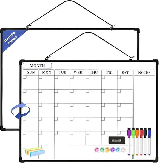 Monthly Whiteboard Calendar for Wall, 24" x 18" Dry Erase Board with Plastic Frame, Hanging Dry Erase Calendar with 3 Mini Sticky Notes for Kitchen Planner, Memo, Home and Office, Black
