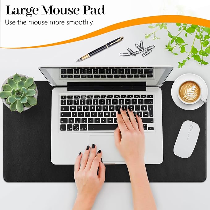 Black Leather Desk Mat Large Mouse Pad, Waterproof Desk Pad for Keyboard and Mouse, Non-Slip Computer Desk Protector, Smooth Mouse Movement Desk Mat for Home and Office(23.6"×13.8")