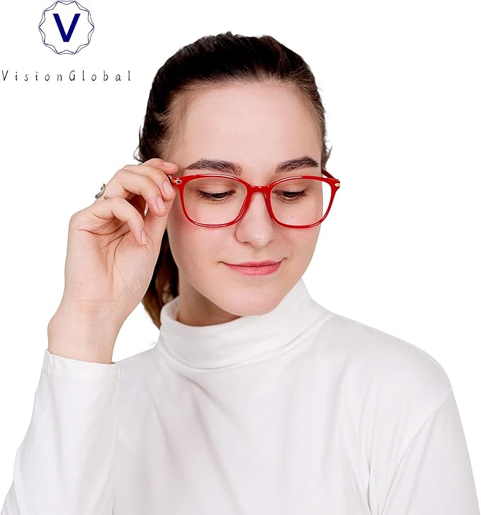VisionGlobal Blue Light Blocking Glasses for Women Men, Stylish Square Frame (Red, No Magnification)