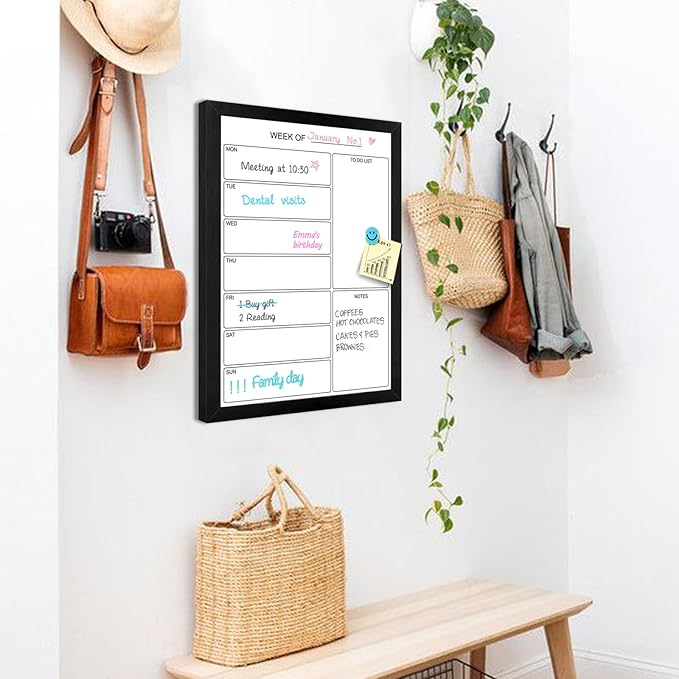 Weekly Dry Erase Whiteboard Calendar, 22.8"x16.9" Magnetic Surface Memo Board, Minimal Design Weekly Planner for Wall, Black Wood Frame Dry Erase Board for Office School Home(ZLBB-S-BK-4358)