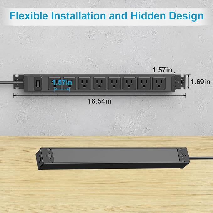 HHSOET 2 Pack Metal 360° Rotating Mountable Power Strip, 8 Outlet Gaming Table Mounted Long Power Strip, Heavy Duty Wall Mount Surge Protector with Switch,1200J,15A 125V 1875W 6ft Power Cord.