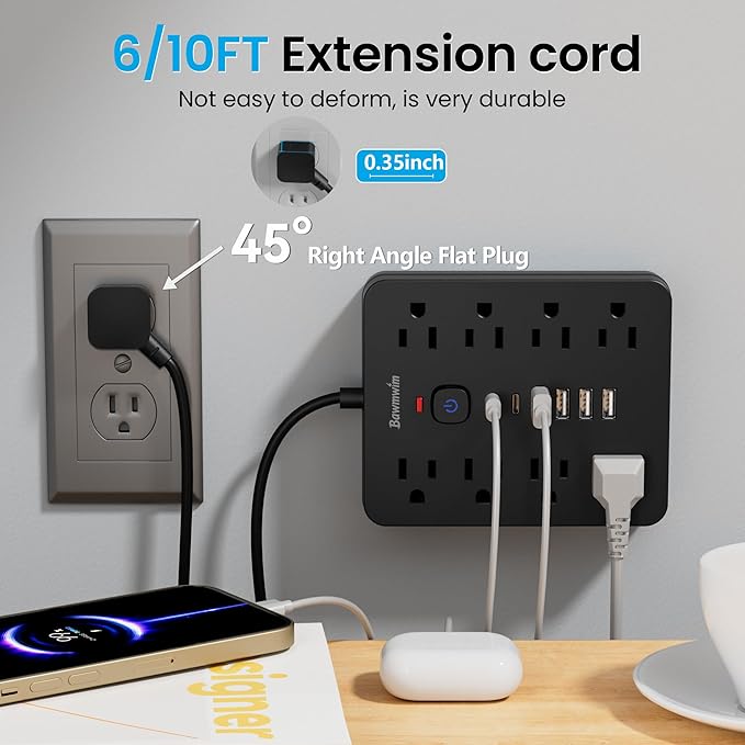 Surge Protector Power Strip, 8 Outlets(1850W/15A), 6 USB Charging Ports(2 USB C), 6FT Flat Plug Extension Cord Outlet Extender with Overload Protection, ETL Certified for Office, Dorm Room