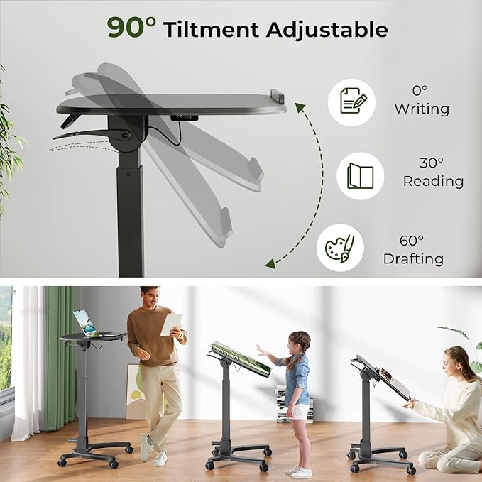 Foldable Mobile Standing Desk, 27"×21" Portable Rolling Laptop Cart with 90° Tiltable Board, Height Adjustable Mobile Desk Workstation with Wheels, Folding Table for Home Office, Black