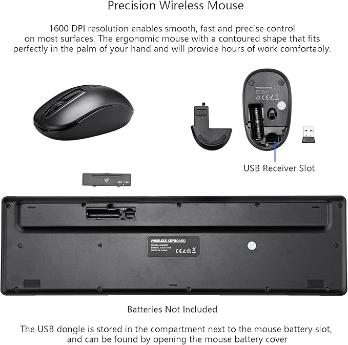 Wireless Keyboard and Mouse Combo, 2.4G Silent Cordless Keyboard Mouse Combo for Windows Chrome Laptop Computer PC Desktop, 106 Keys Full Size with Number Pad, 1600 DPI Optical Mouse (Black)