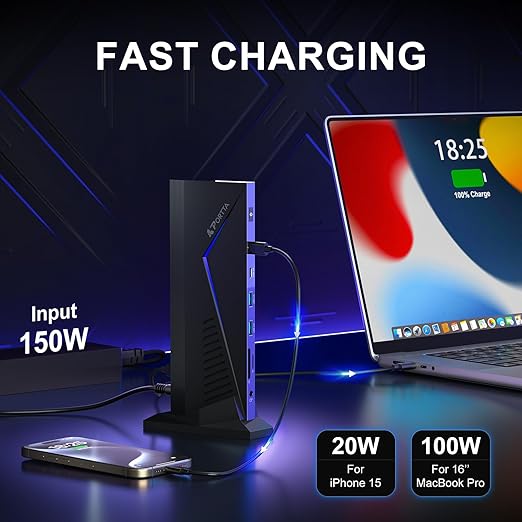 PORTTA 14 in 1 Docking Station Triple Monitor up to 4K 60 w/ 150W Power Adapter, HDMI x3, USB x6, RJ45, SD/TF, 100W PD, Audio/Mic, Compatible with macOS/Windows SST/MST, Driver Required