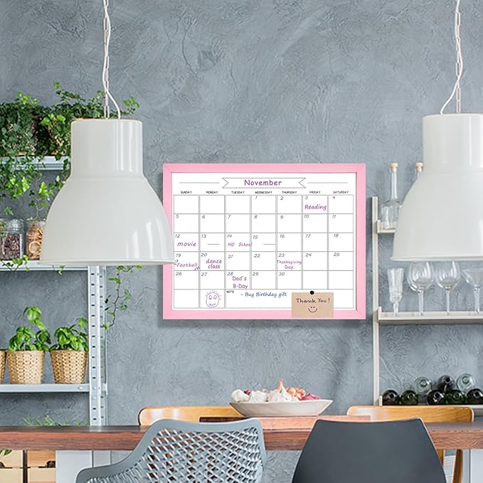 TORASO Dry Erase Monthly Calendar Board, Magnetic Whiteboard for Wall, Office/School/Home, Solid Wood Pink Frame Hanging Board 13"x 17"(YL-Pink-3343-B)