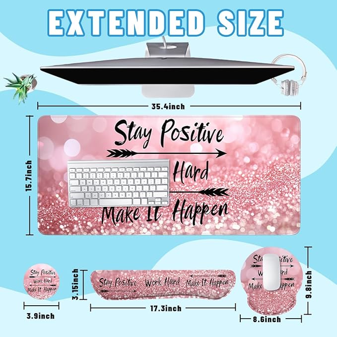 Motivational Quote Mouse Pad Set Stay Positive Work Hard Pink Gaming Mousepad 4in1 Desk Mat for Desktop Wrist Support Cup Coaster Set Ergonomic Computer Desk Arm Wrist for Decor Home Office