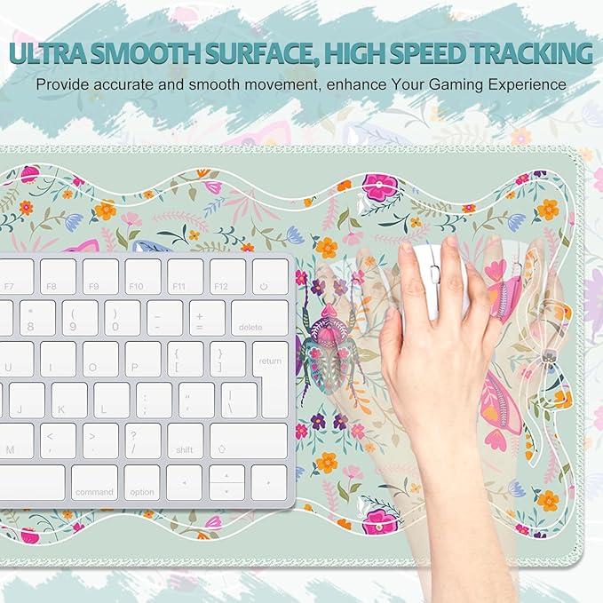 Desk Mat for Keyboard and Mouse, Large Non-Slip Mouse Pad Keyboard Pad, Computer Mats for Desktop, Cute Desk Pad with Stitched Edges for Office, Gaming I Pastel Green Floral Symmetry