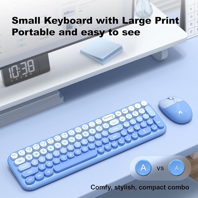 Wireless Keyboard and Mouse Combo, Portable Retro Keyboard with Compact Size, 2 in 1 USB Connected Mouse for Windows 7/8/10, Laptop, Desktop, PC, Computer (Blue)