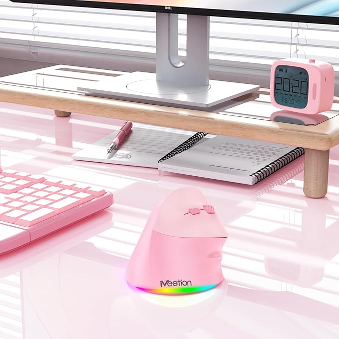 MEETION Ergonomic Mouse Wireless, Vertical Mouse RGB Backlit, Rechargeable Mice for Bluetooth(5.2 + 3.0) USB-A with Type-C Adapter, 4 Adjustable DPI, for Mac/Windows/Andriod/PC/Tablet/iPad Pink