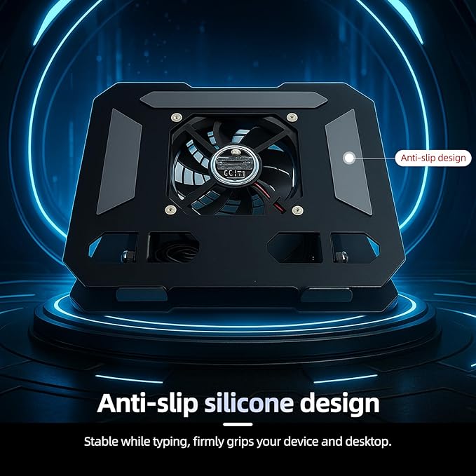 Silver Laptop Cooling Stand with Turbo Fan, Adjustable Height & Angle, 360° Rotating Aluminum Notebook Riser for Up to 15.6” Laptops & Tablets (Best for 13” Lightweight Devices)