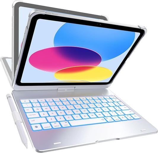 typecase Flexbook Keyboard Case for iPad 11th (A16, 2025) and iPad 10th Gen (10.9", 2022) – No Trackpad, 11-Color Backlight, 360° Rotatable, 7 Use Modes, Thin & Lightweight – Silver