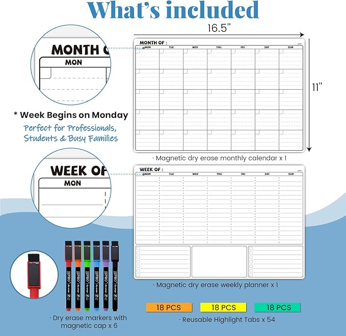 JJPRO Magnetic Dry Erase Calendar&54 Reuasble Sticky Highlight Tabs for Refrigerator-Reusable Monthly Calendar,Weekly Planner&Reuasble Sticky Highlight Tabs/Notes for Fridge-Starts Monday-16.5"x11"