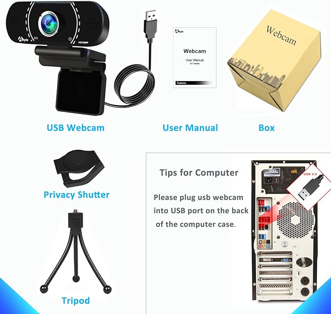Akyta Webcam for PC, 1080P Webcam with Microphone/Tripod/Privacy Cover/Wide Angle 110°, Plug & Play USB Web Camera for Desktop Computer PC Laptop Mac Video Calling/Streaming/Zoom Conference ﻿