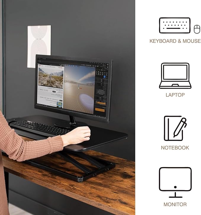 Rlozftel Standing Desk Converter, Height Adjustable Stand Up Desk Riser with 7 Height Levels, Compact Sit Stand Desktop Converter for Laptop or Single Monitor, Office Workstation